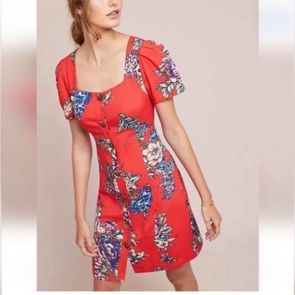 Anthropologie Maeve Red Floral Button front Dress sz 8. Lined boho career garden